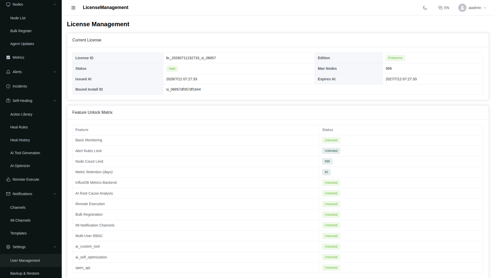 License management: edition switch and feature matrix